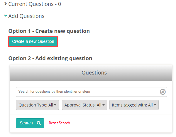 The Add Questions section with the Create a new Question button visible
