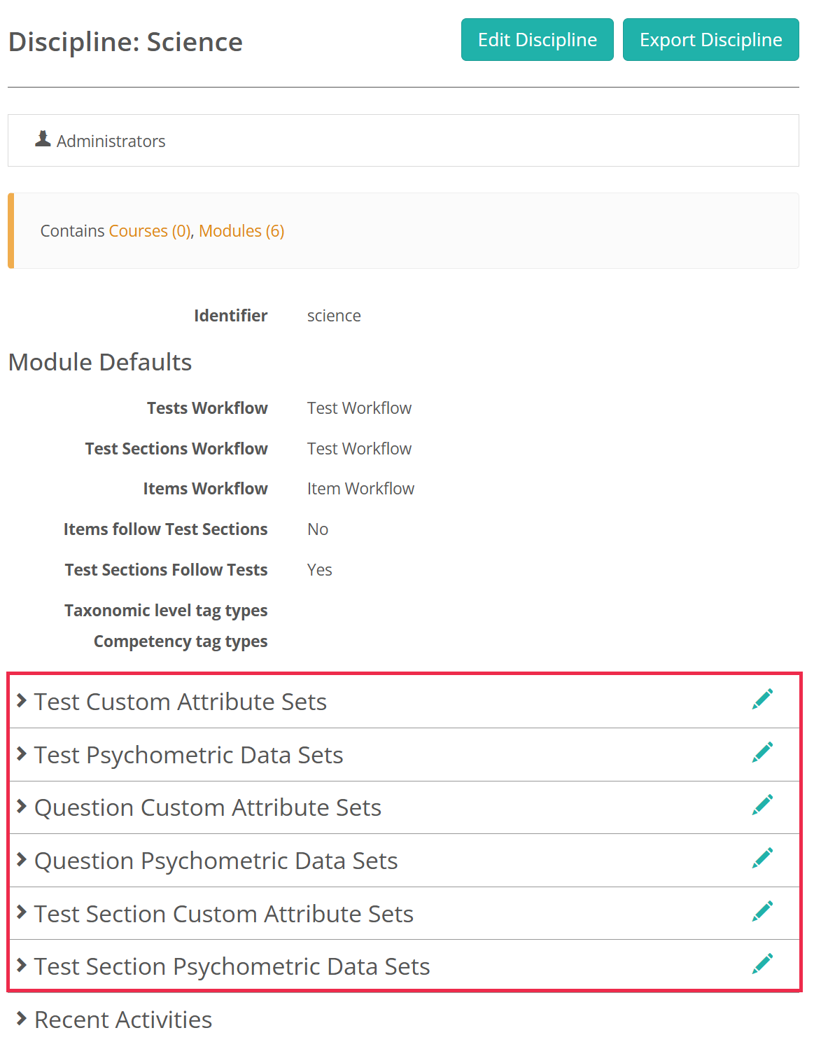 Discipline details page showing the read-only Module Defaults values and the expandable Custom Attribute Sets and Psychometric Data Sets panels for tests, items and test sections