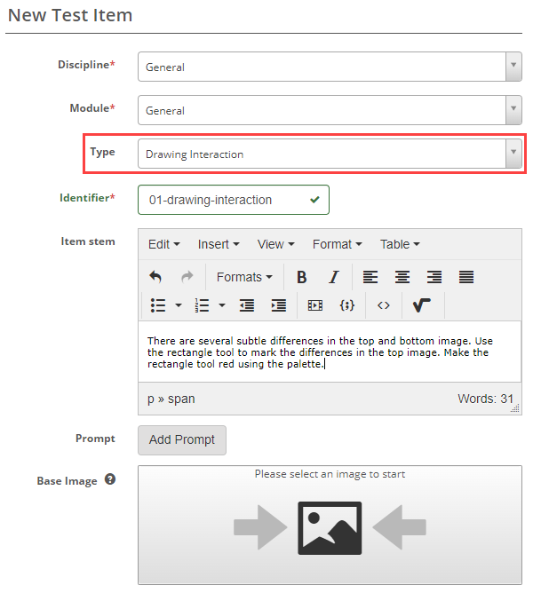 New Test Item form with Drawing interaction selected as item type