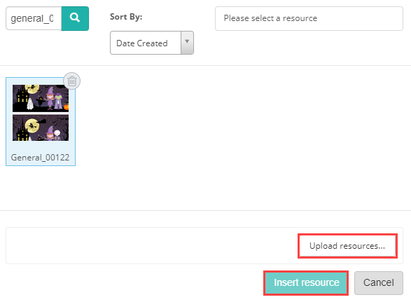 Resources manager displaying image upload options