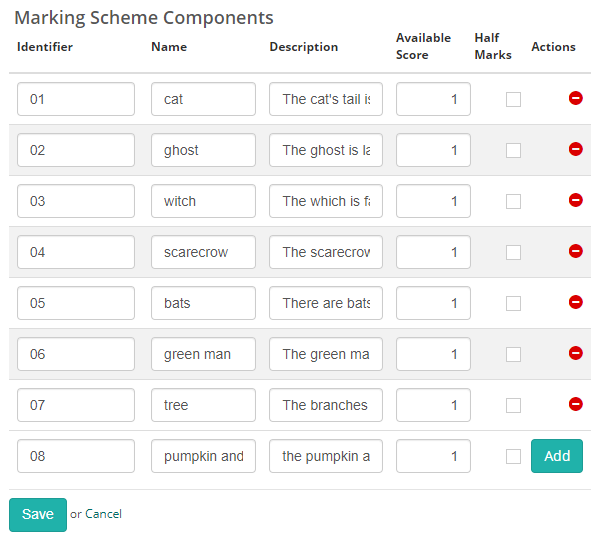 Marking Scheme Components section showing name, description, and score fields