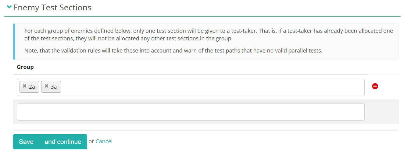 A group in the Enemy Test Sections editor holding test sections 2a and 3a, with an empty row below for a second group