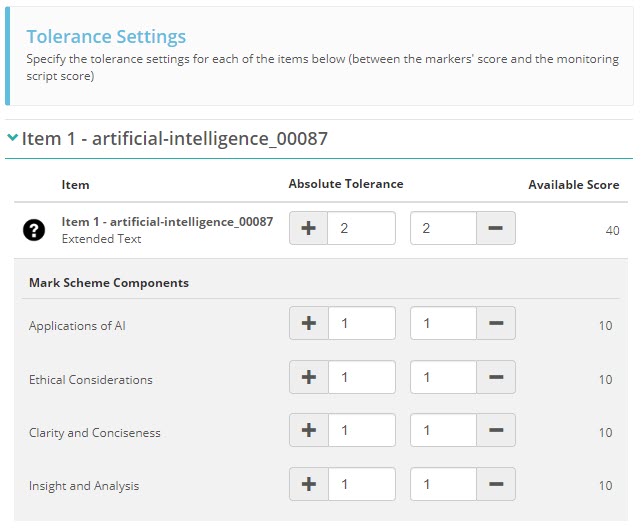 Tolerance settings configuration