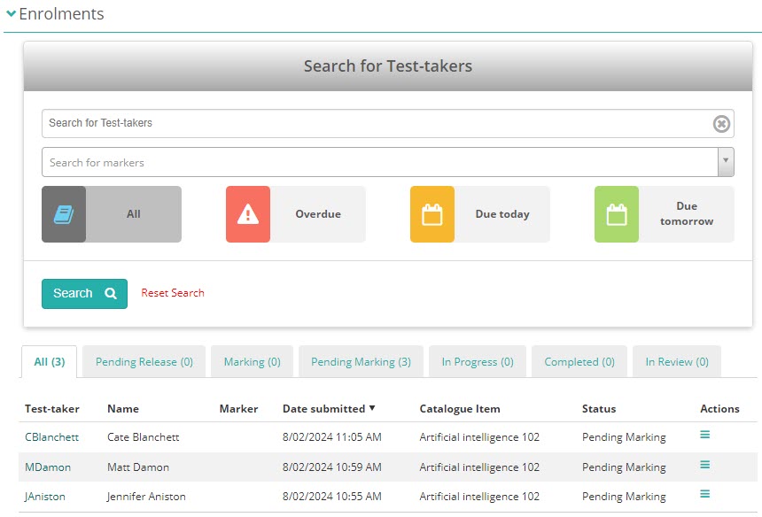Enrolments section showing summary tiles and the enrolments list