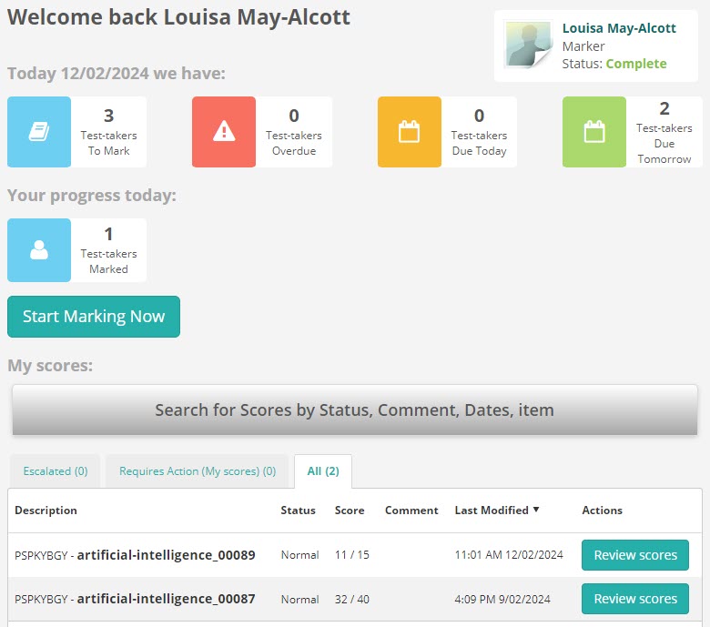 Marking dashboard showing daily tiles and progress