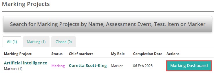 Marking Projects screen showing a marker's assigned project