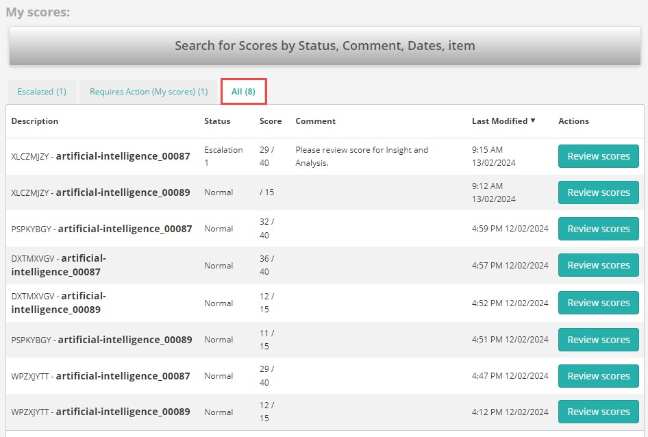 My Scores — All tab with complete script history