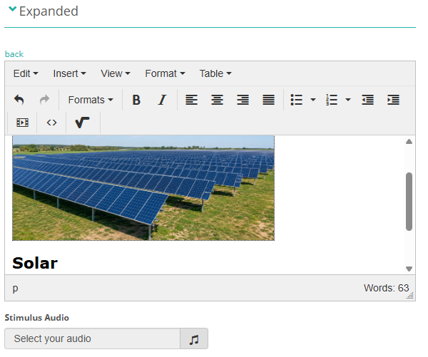 The stimulus content editor showing a text editor and Stimulus Audio field
