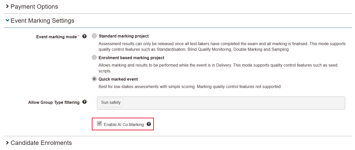 The Event Marking Settings panel on a quick marked event, with Enable AI Co-Marking ticked below the Allow Group Type filtering field