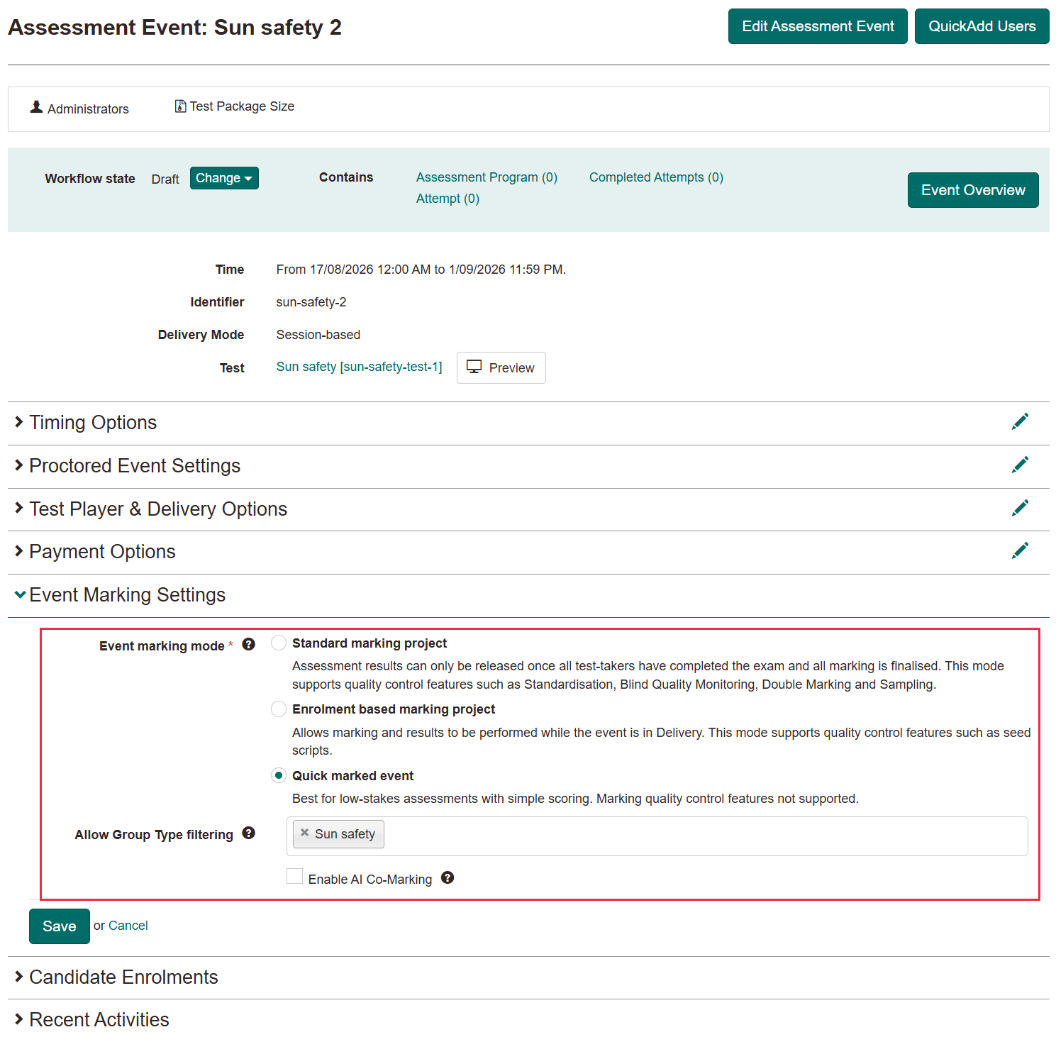 Event Marking Settings panel with Quick marked event selected, the Sun safety group type added, and Enable AI Co-Marking unticked