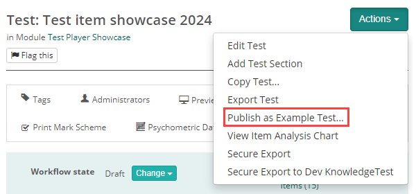 Publish as Example Test option