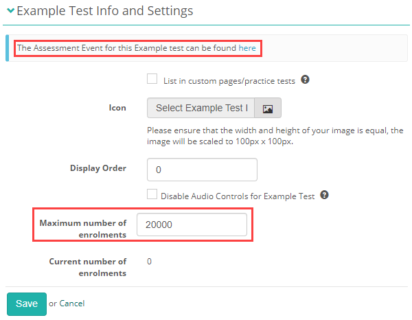 Example Test Info and Settings section