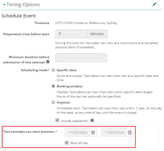 Assessment Event timing options