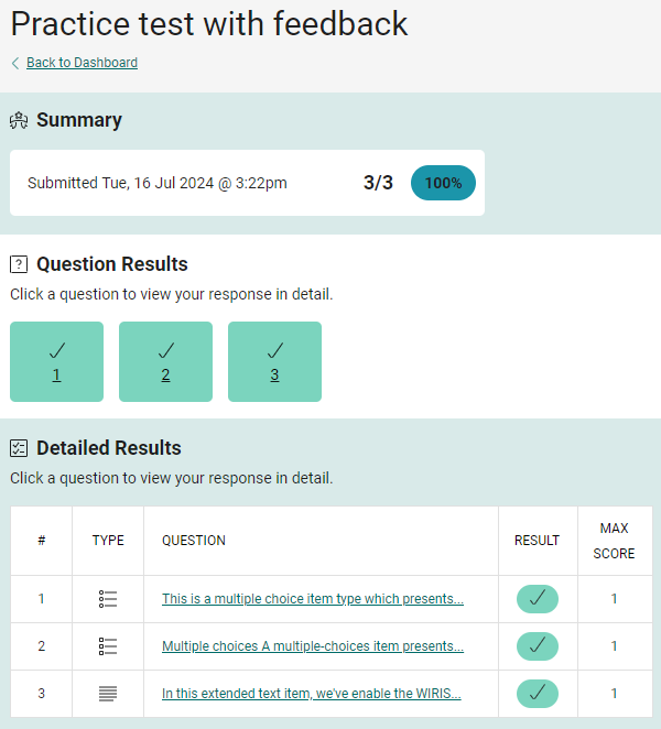 Question links on feedback screen