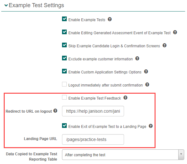 Example Test Settings - active options