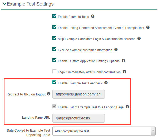 Example Test Settings - inactive options when Enable Example Test Feedback is checked