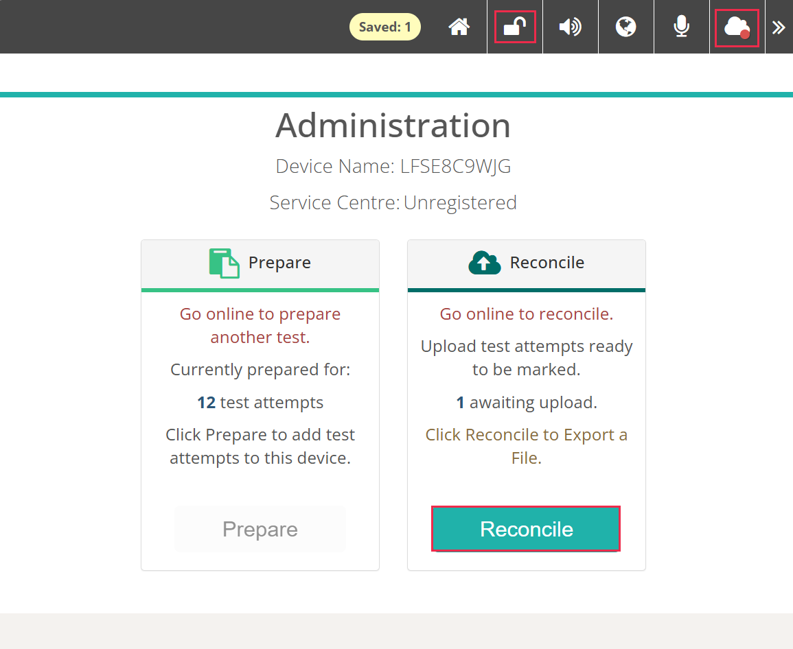 Administration page on an offline device, with the padlock, the cloud and the Reconcile button highlighted