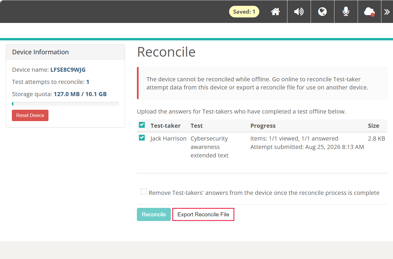 Export Reconcile File button on the reconcile page