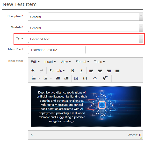 New Test Item form with Extended Text selected