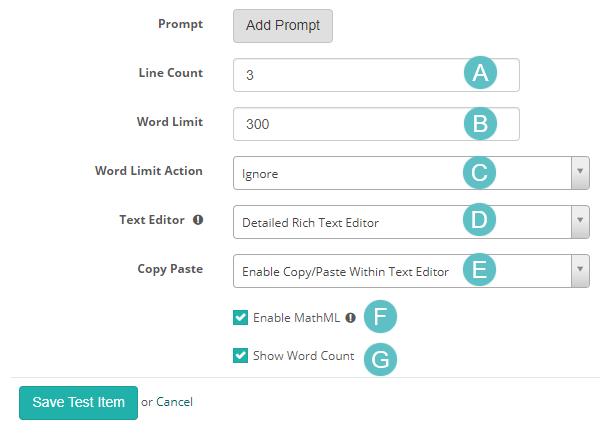 Extended text item configuration options A through G