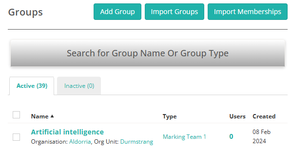 Groups list with the Add Group, Import Groups, and Import Memberships buttons along the top