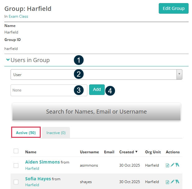 Open group with numbered callouts on the Users in Group section, the type dropdown, the names field, and the Add button