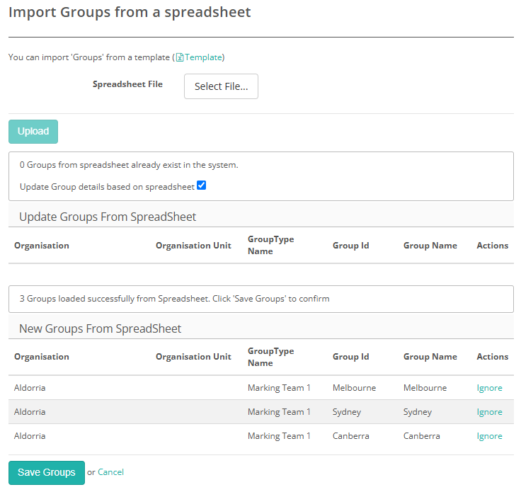 Import preview with New Groups From SpreadSheet and Update Groups From SpreadSheet sections, an Ignore link per row, and Save Groups and Cancel buttons