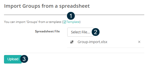 Import Groups form with numbered callouts on the Template link, Select File button, and Upload button