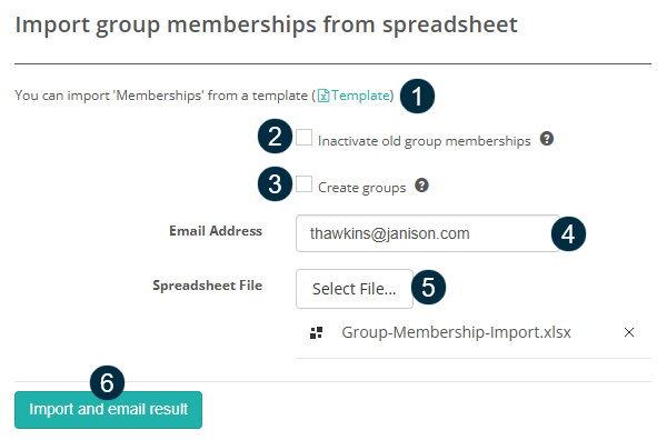 Import group memberships form with numbered callouts on the Template link, the Inactivate old group memberships and Create groups checkboxes, the Email Address field, Select File, and the Import and email result button
