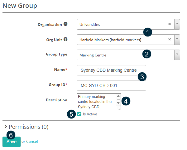 New Group form with numbered callouts on the Organisation and Org Unit fields, Group Type, Name and Group ID, Description, the Is Active checkbox, and the Save button