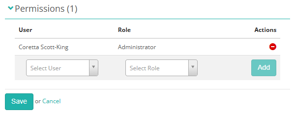 Permissions section with a User, Role, and Actions table, dropdowns to select a user and role, and an Add button