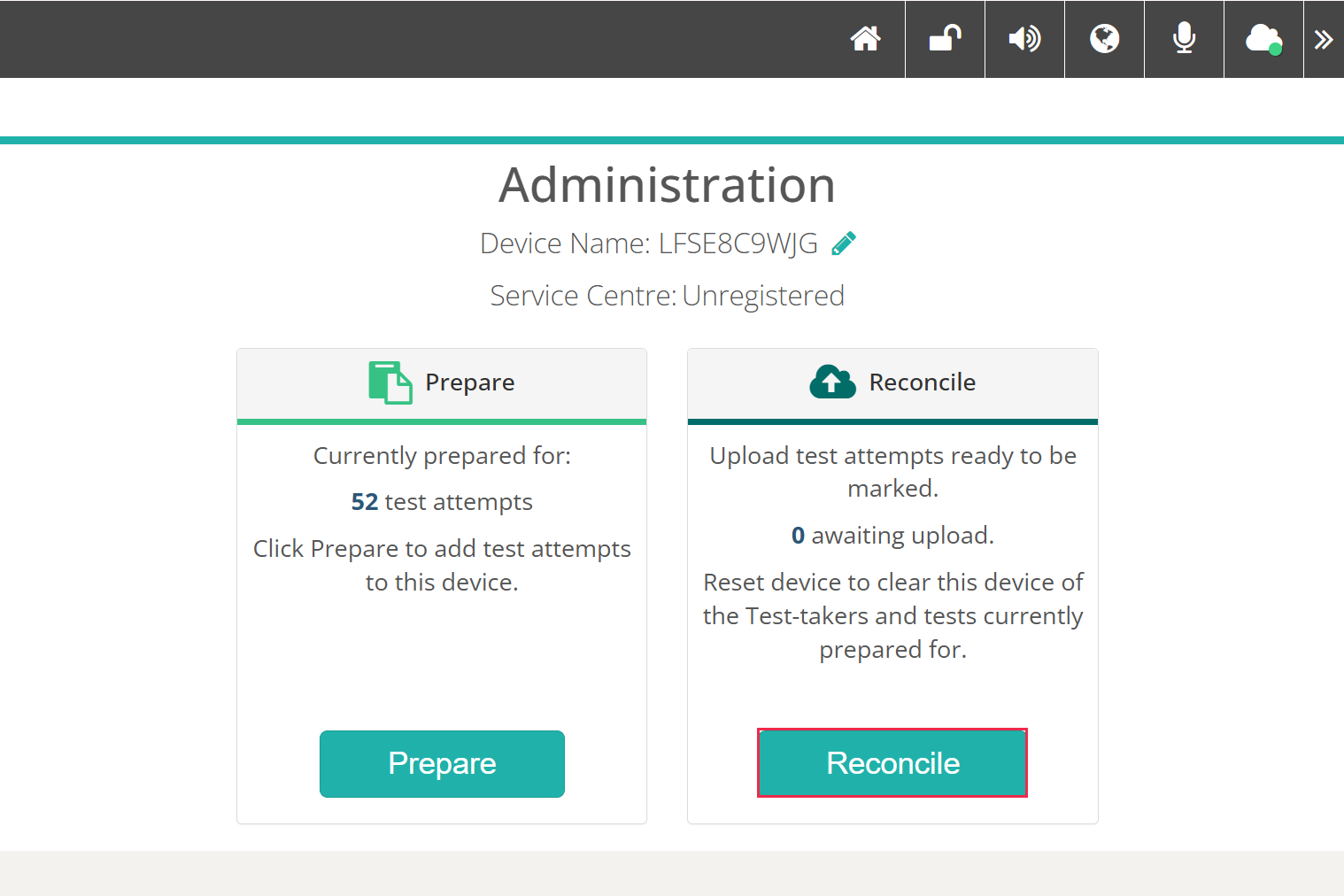 Administration screen with the Reconcile button highlighted