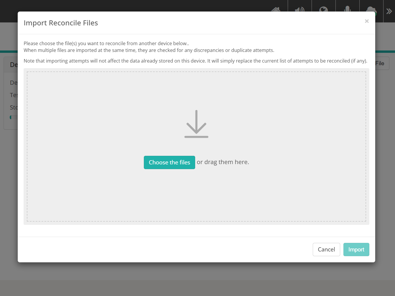 Import Reconcile Files dialog with the file drop zone