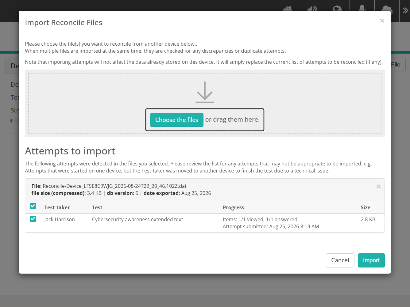 Import Reconcile Files dialog listing the attempts found in the chosen file