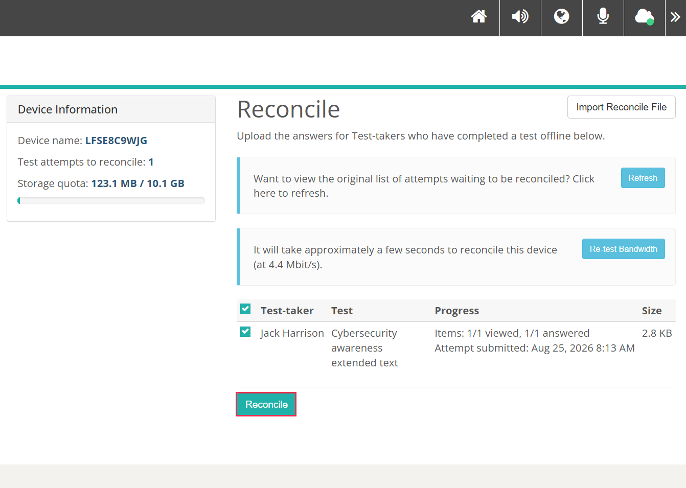 Imported attempts ready to reconcile, with the Reconcile button highlighted