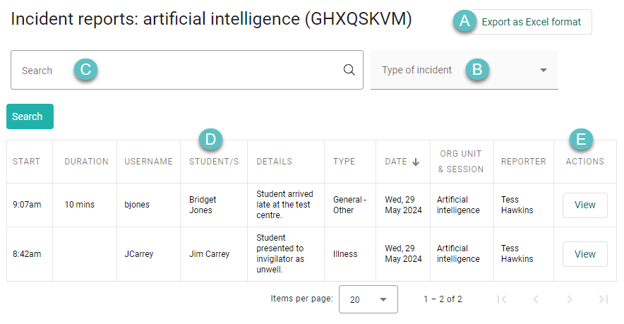 Incident reports index screen