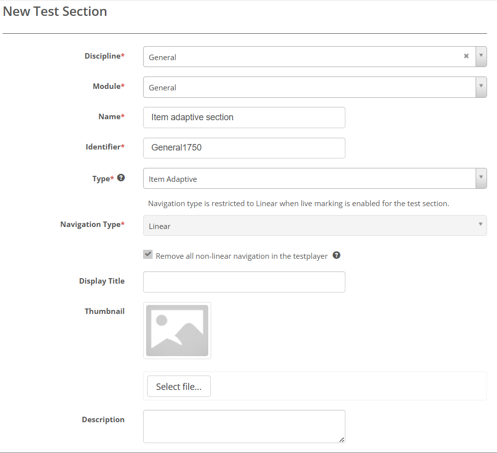 Top of the New Test Section form with Type set to Item Adaptive, Navigation Type locked to Linear and the remove-non-linear-navigation option ticked and greyed out