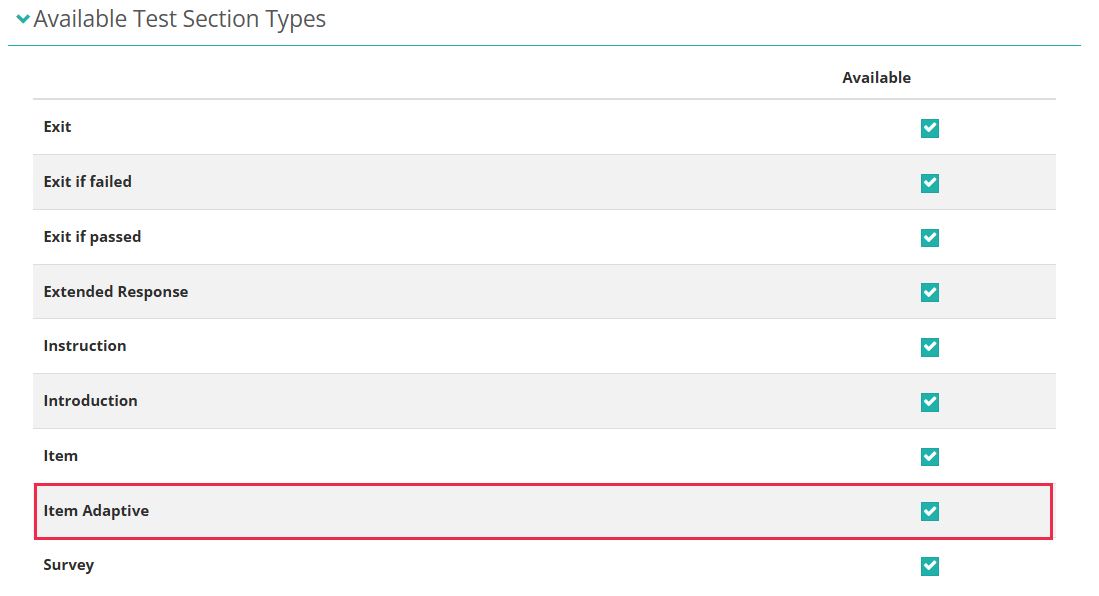 Available Test Section Types settings group listing the section types with their Available checkboxes, Item Adaptive highlighted