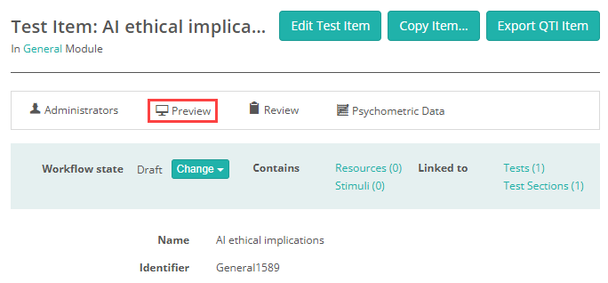 The item details page with the Preview tab highlighted in the navigation