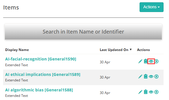 The items list with the eye icon highlighted in the Actions column