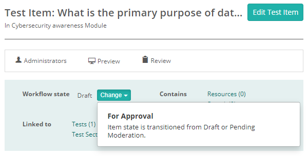 Item screen showing Workflow state set to Draft, with the Change dropdown open and the For Approval transition selected, showing its description
