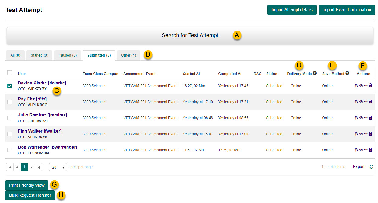 Manage Attempts overview screen