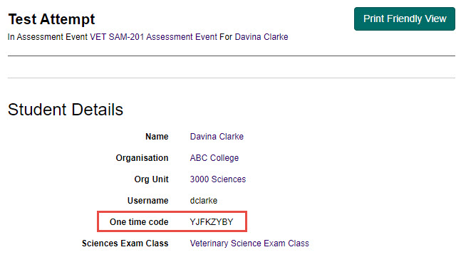 Student details section with OTC