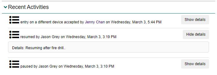 Recent Activities section with Show details button