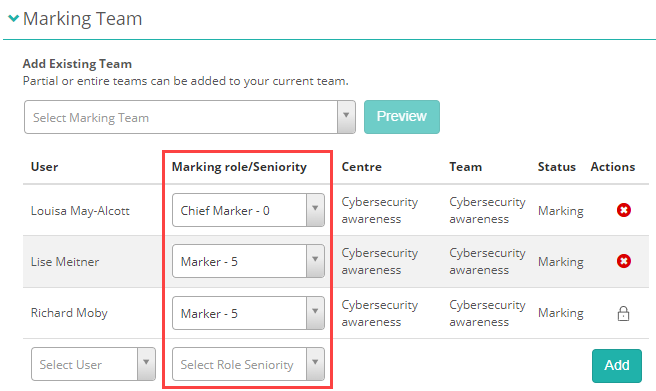 Marking team with roles and seniority column visible