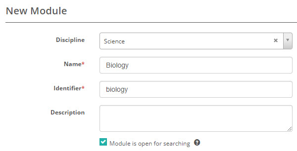 New Module screen showing the Discipline, Name, Identifier and Description fields