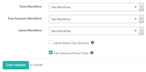 New Module workflow settings showing the per-type workflow selectors and the follow options