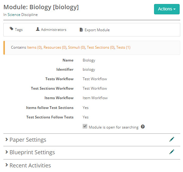Module details screen showing Paper Settings and Blueprint Settings sections