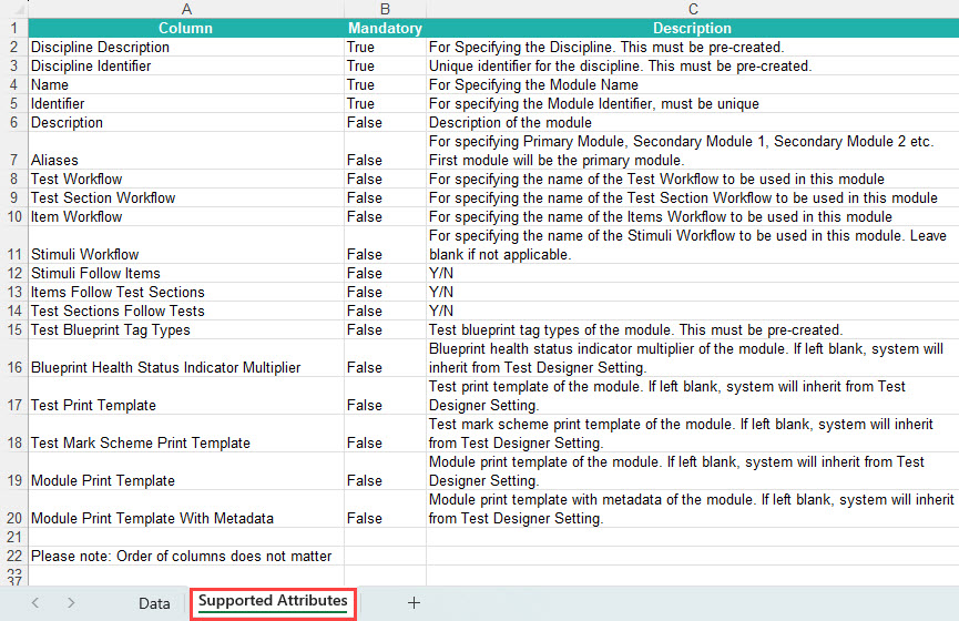 Supported Attributes tab in the Excel template showing field descriptions