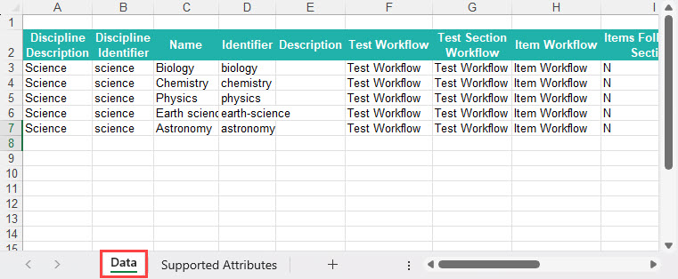 Completed Excel template with sample module data